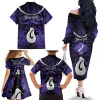Personalised Maori Matariki Hei Matau Waiporoporo Family Matching Off The Shoulder Long Sleeve Dress and Hawaiian Shirt Maori Kowhaiwhai Pattern Galaxy