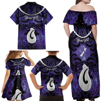 Personalised Maori Matariki Hei Matau Waiporoporo Family Matching Off Shoulder Maxi Dress and Hawaiian Shirt Maori Kowhaiwhai Pattern Galaxy