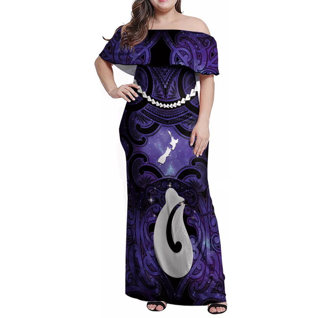 Personalised Maori Matariki Hei Matau Waiporoporo Family Matching Off Shoulder Maxi Dress and Hawaiian Shirt Maori Kowhaiwhai Pattern Galaxy
