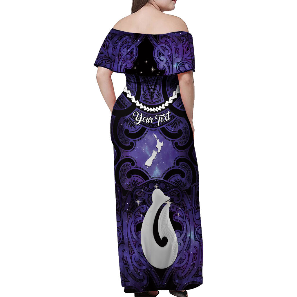 Personalised Maori Matariki Hei Matau Waiporoporo Family Matching Off Shoulder Maxi Dress and Hawaiian Shirt Maori Kowhaiwhai Pattern Galaxy