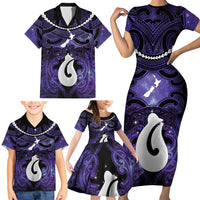 Personalised Maori Matariki Hei Matau Waiporoporo Family Matching Short Sleeve Bodycon Dress and Hawaiian Shirt Maori Kowhaiwhai Pattern Galaxy