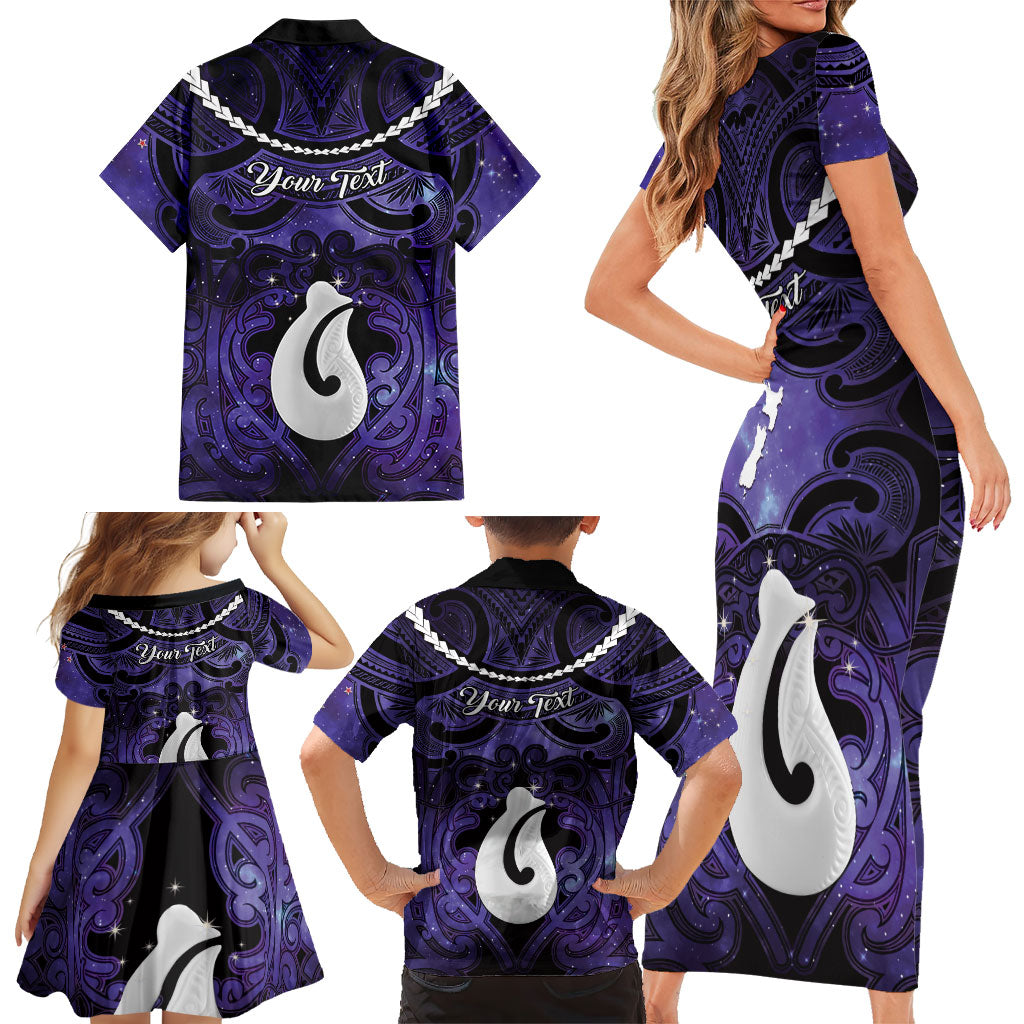 Personalised Maori Matariki Hei Matau Waiporoporo Family Matching Short Sleeve Bodycon Dress and Hawaiian Shirt Maori Kowhaiwhai Pattern Galaxy