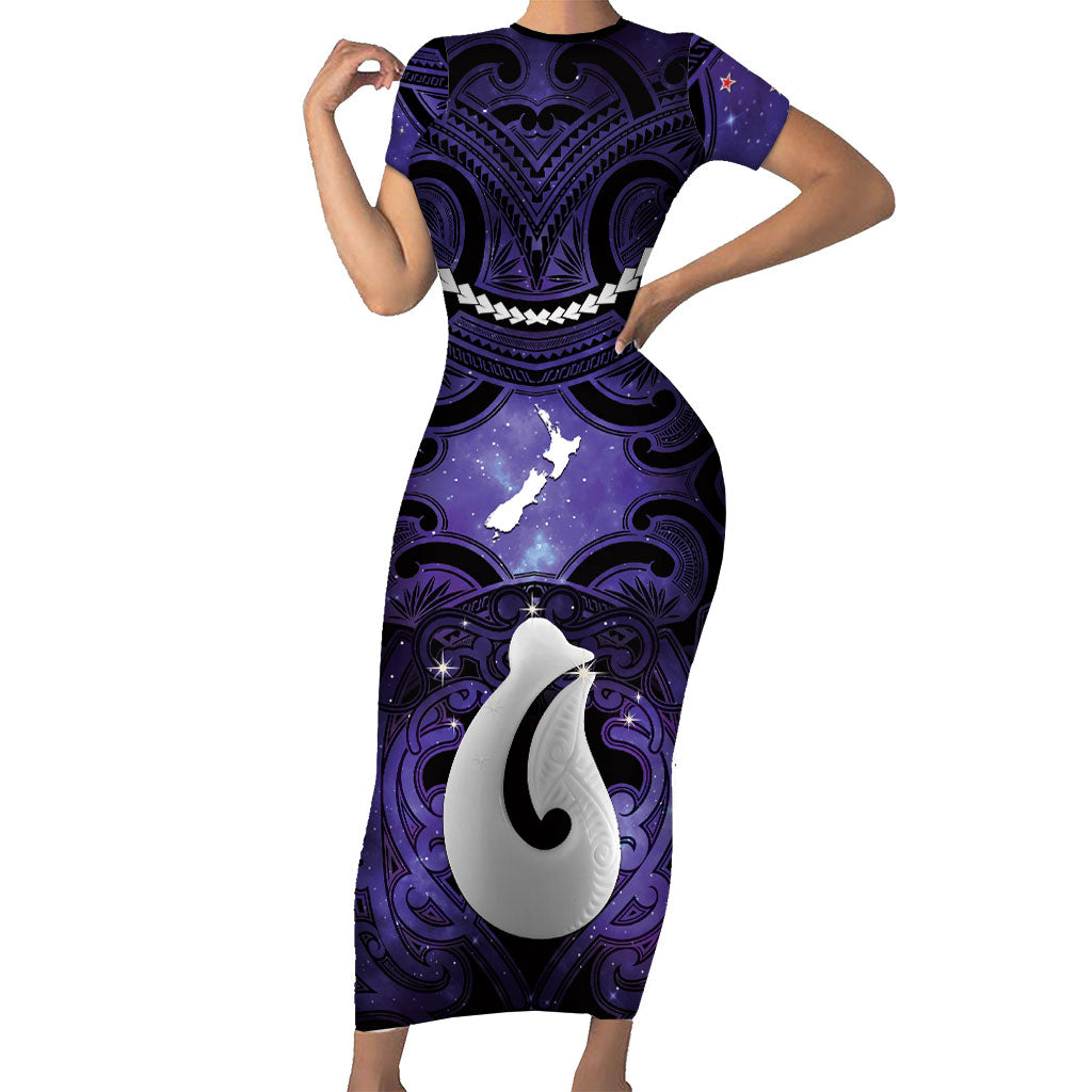 Personalised Maori Matariki Hei Matau Waiporoporo Family Matching Short Sleeve Bodycon Dress and Hawaiian Shirt Maori Kowhaiwhai Pattern Galaxy