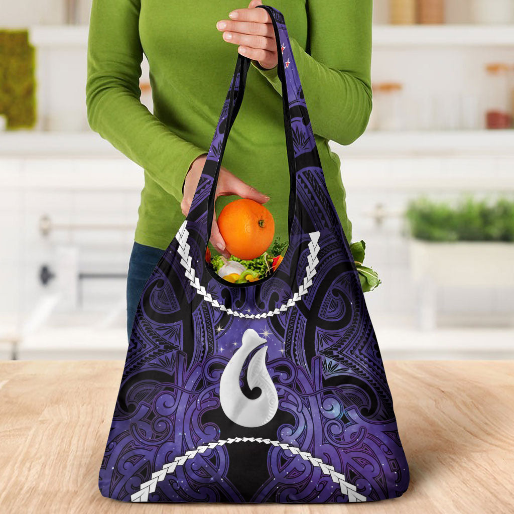Maori Matariki Hei Matau Waiporoporo Grocery Bag Maori Kowhaiwhai Pattern Galaxy LT01 - Polynesian Pride