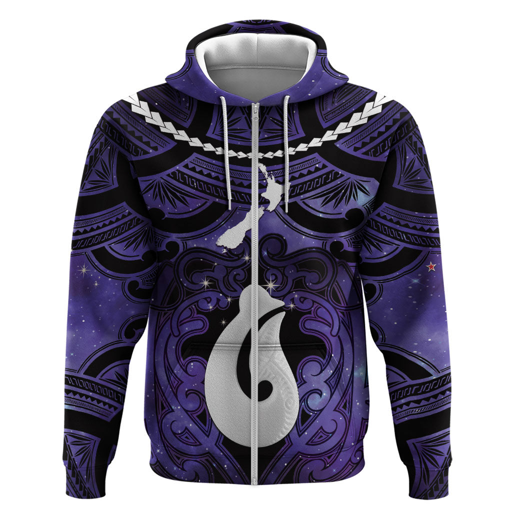 Personalised Maori Matariki Hei Matau Waiporoporo Hoodie Maori Kowhaiwhai Pattern Galaxy LT01 Zip Hoodie Purple - Polynesian Pride