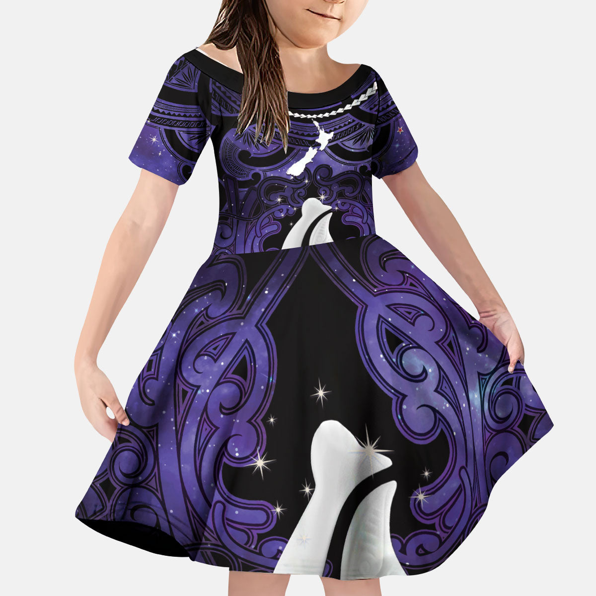 Personalised Maori Matariki Hei Matau Waiporoporo Kid Short Sleeve Dress Maori Kowhaiwhai Pattern Galaxy LT01 KID Purple - Polynesian Pride