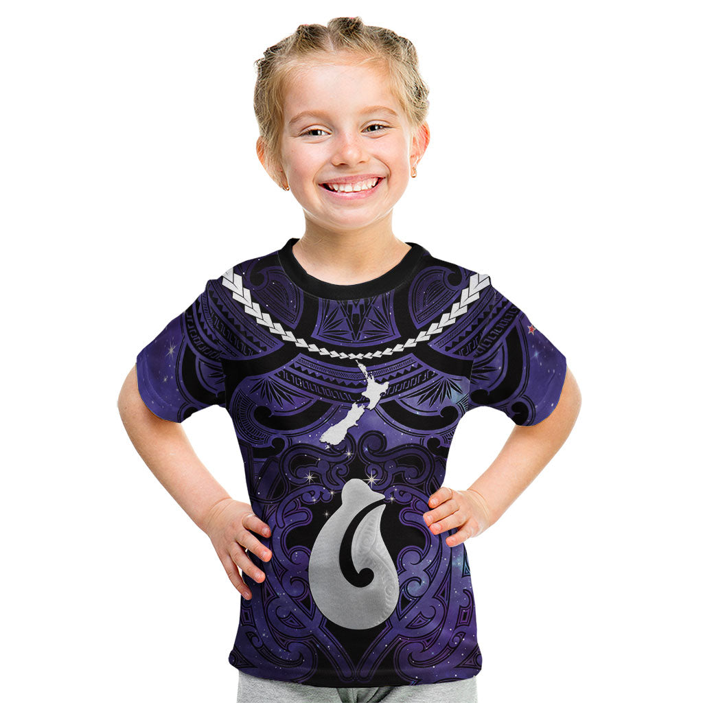 Personalised Maori Matariki Hei Matau Waiporoporo Kid T Shirt Maori Kowhaiwhai Pattern Galaxy