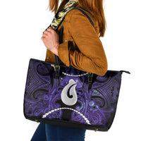 Maori Matariki Hei Matau Waiporoporo Leather Tote Bag Maori Kowhaiwhai Pattern Galaxy LT01 Purple - Polynesian Pride