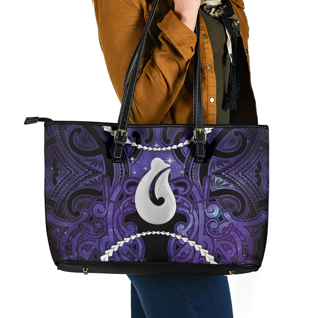 Maori Matariki Hei Matau Waiporoporo Leather Tote Bag Maori Kowhaiwhai Pattern Galaxy LT01 - Polynesian Pride
