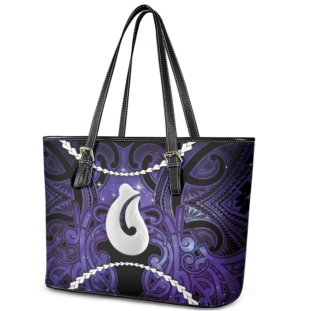 Maori Matariki Hei Matau Waiporoporo Leather Tote Bag Maori Kowhaiwhai Pattern Galaxy LT01 - Polynesian Pride