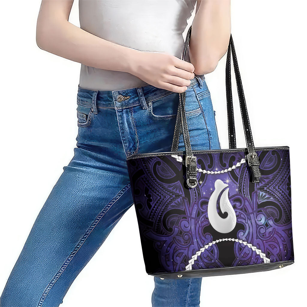 Maori Matariki Hei Matau Waiporoporo Leather Tote Bag Maori Kowhaiwhai Pattern Galaxy LT01 - Polynesian Pride
