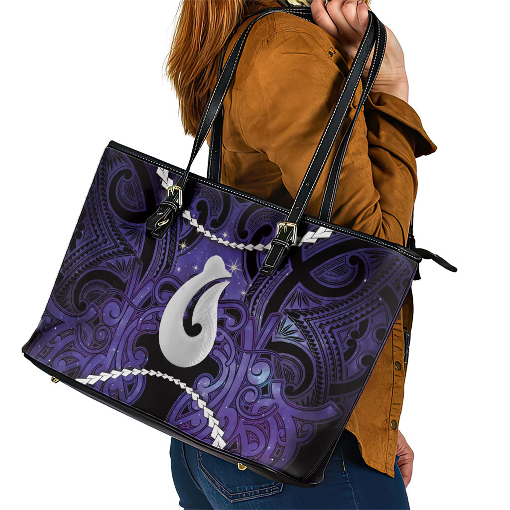 Maori Matariki Hei Matau Waiporoporo Leather Tote Bag Maori Kowhaiwhai Pattern Galaxy LT01 - Polynesian Pride