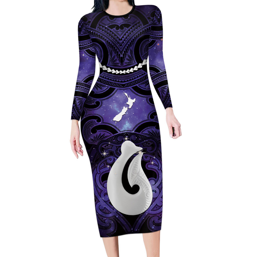 Personalised Maori Matariki Hei Matau Waiporoporo Long Sleeve Bodycon Dress Maori Kowhaiwhai Pattern Galaxy LT01 Long Dress Purple - Polynesian Pride