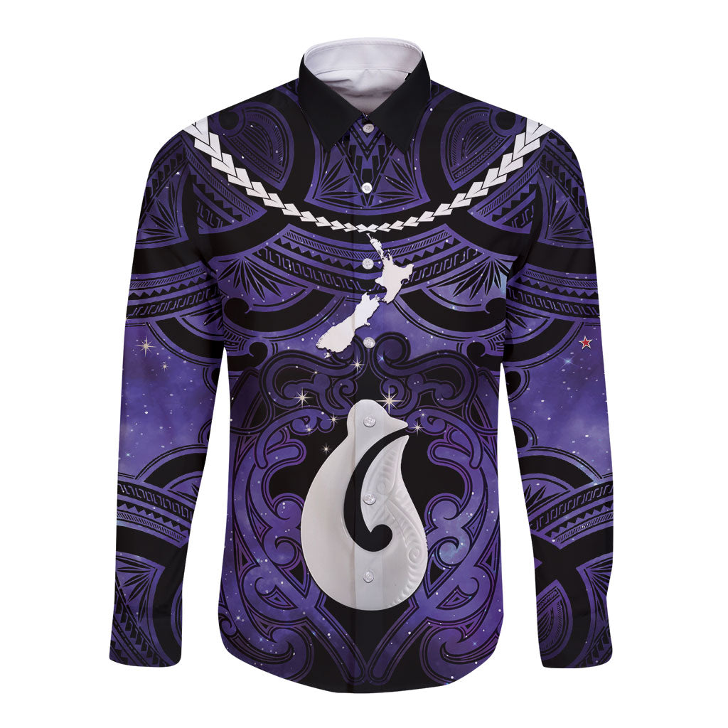 Personalised Maori Matariki Hei Matau Waiporoporo Long Sleeve Button Shirt Maori Kowhaiwhai Pattern Galaxy LT01 Unisex Purple - Polynesian Pride
