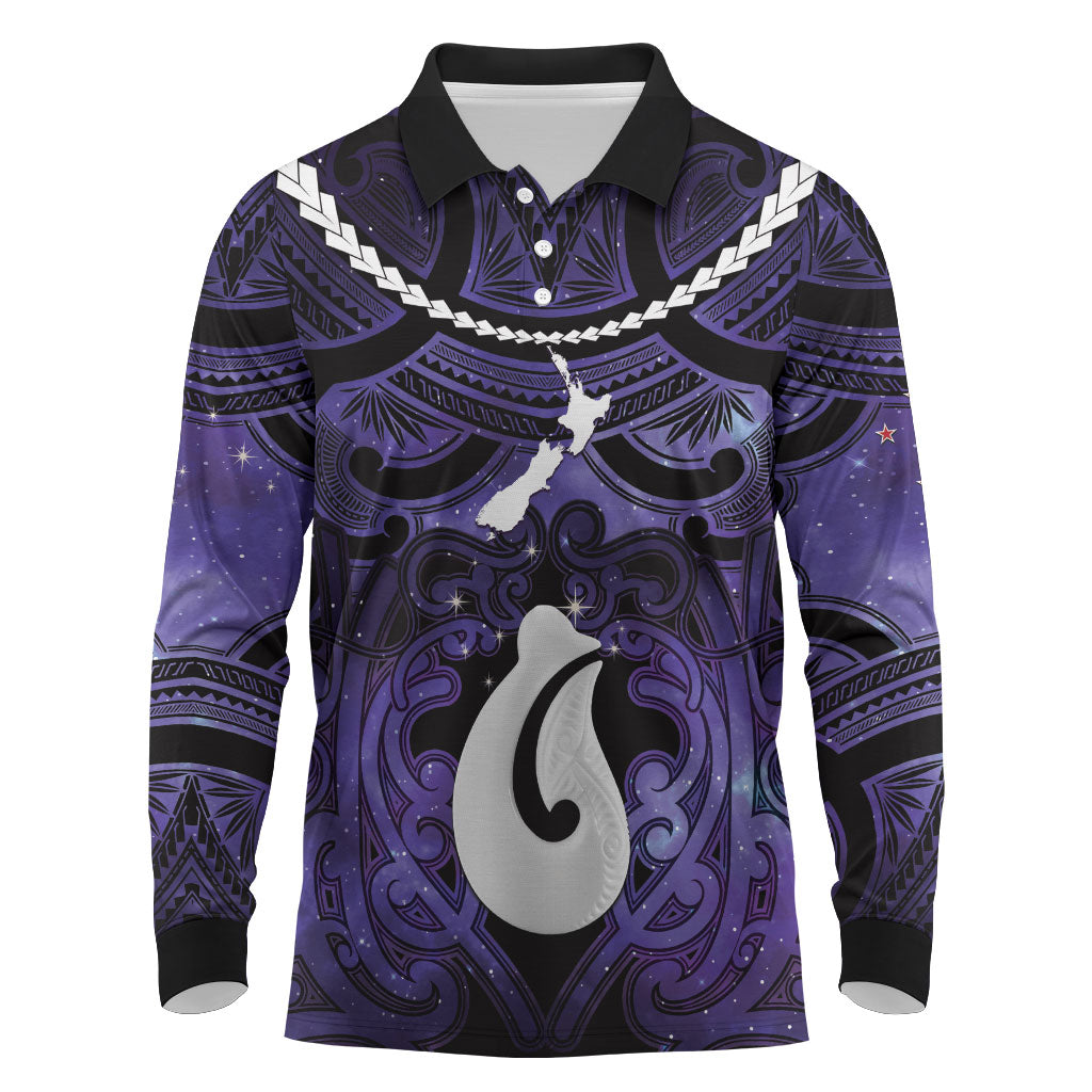 Personalised Maori Matariki Hei Matau Waiporoporo Long Sleeve Polo Shirt Maori Kowhaiwhai Pattern Galaxy