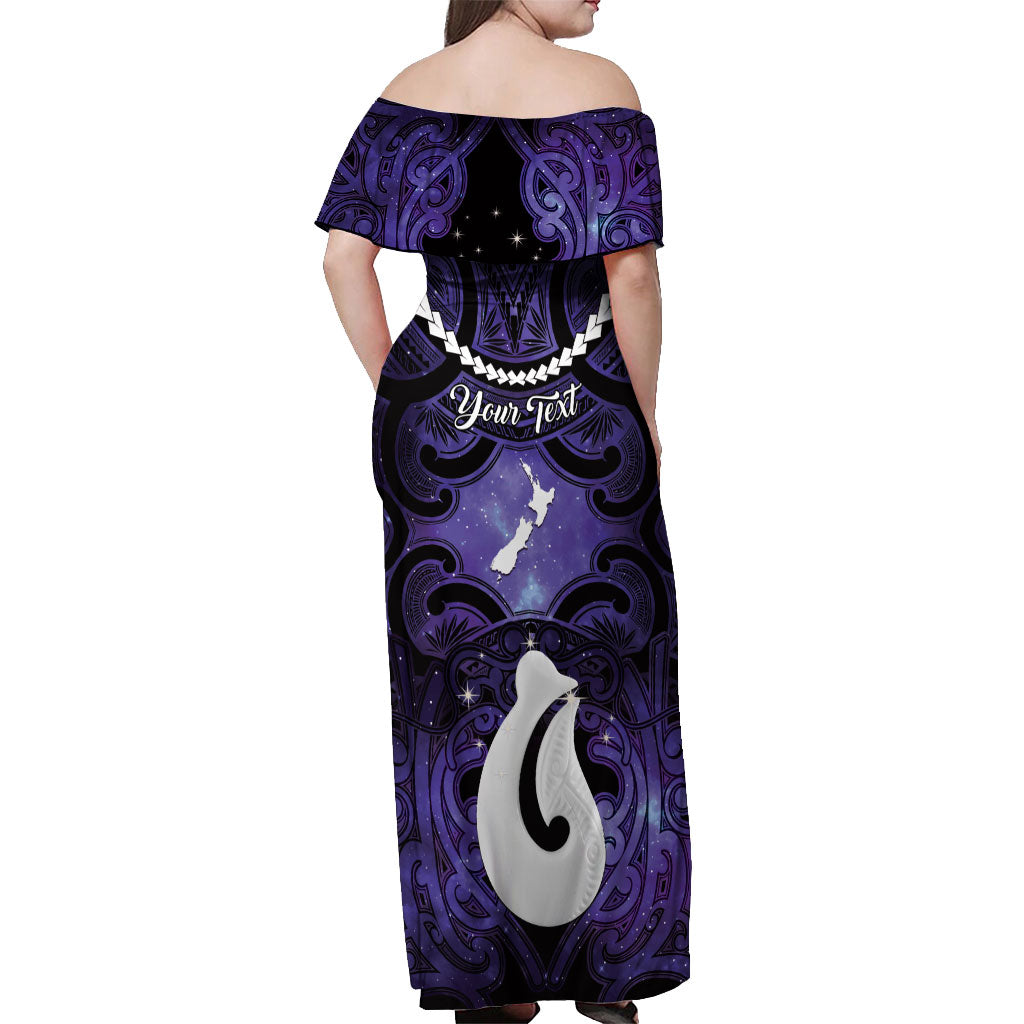 Personalised Maori Matariki Hei Matau Waiporoporo Off Shoulder Maxi Dress Maori Kowhaiwhai Pattern Galaxy