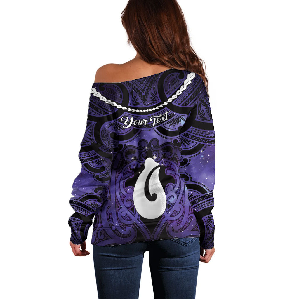 Personalised Maori Matariki Hei Matau Waiporoporo Off Shoulder Sweater Maori Kowhaiwhai Pattern Galaxy LT01 - Polynesian Pride
