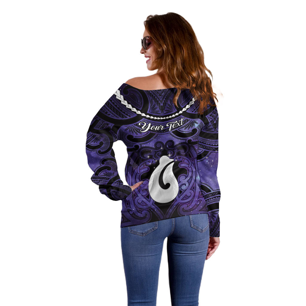 Personalised Maori Matariki Hei Matau Waiporoporo Off Shoulder Sweater Maori Kowhaiwhai Pattern Galaxy LT01 - Polynesian Pride