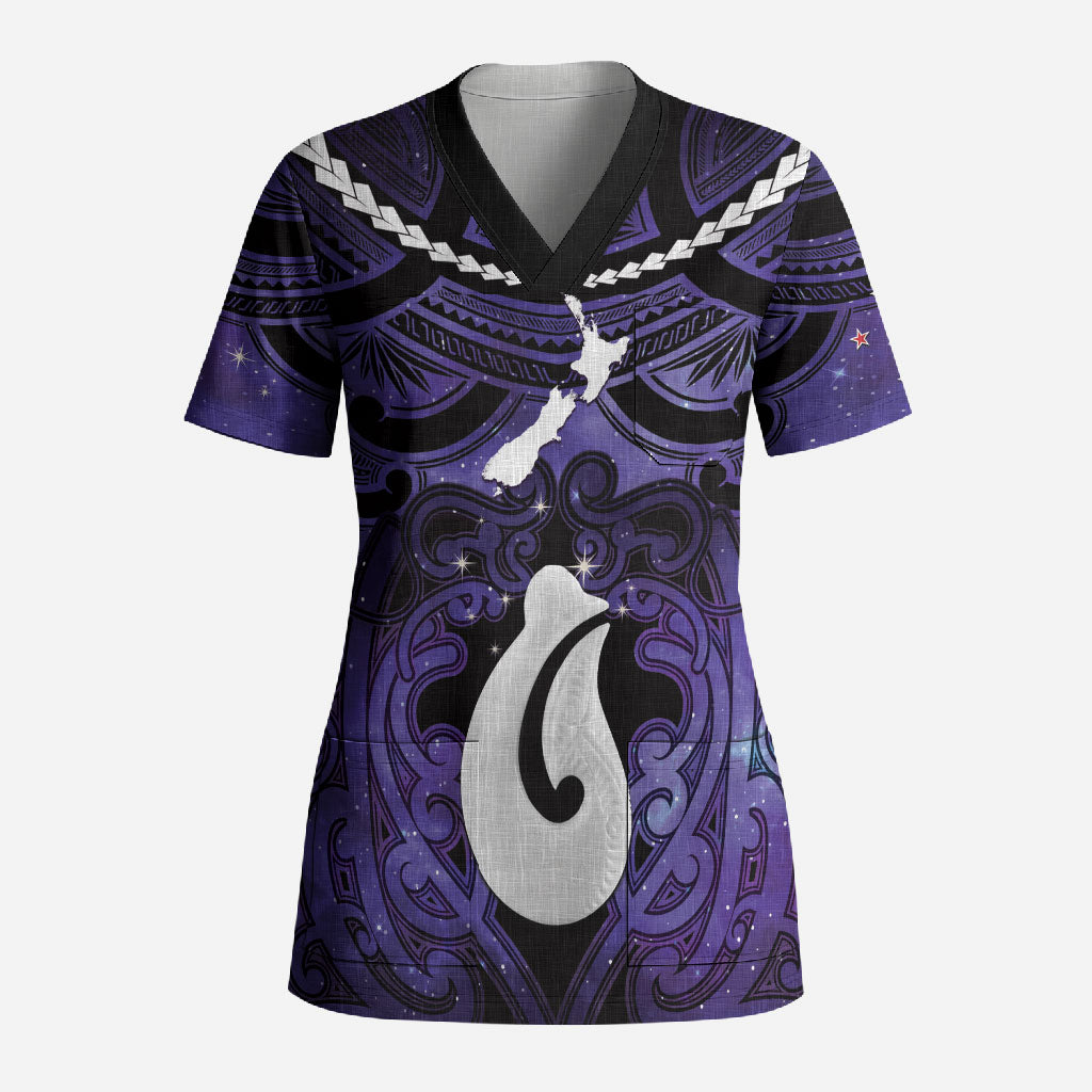 Personalised Maori Matariki Hei Matau Waiporoporo Scrub Top Maori Kowhaiwhai Pattern Galaxy