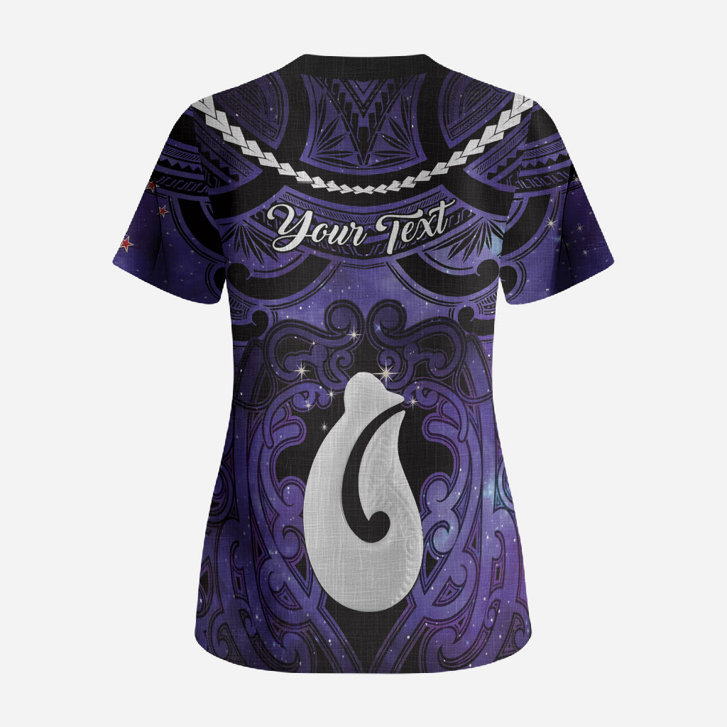 Personalised Maori Matariki Hei Matau Waiporoporo Scrub Top Maori Kowhaiwhai Pattern Galaxy