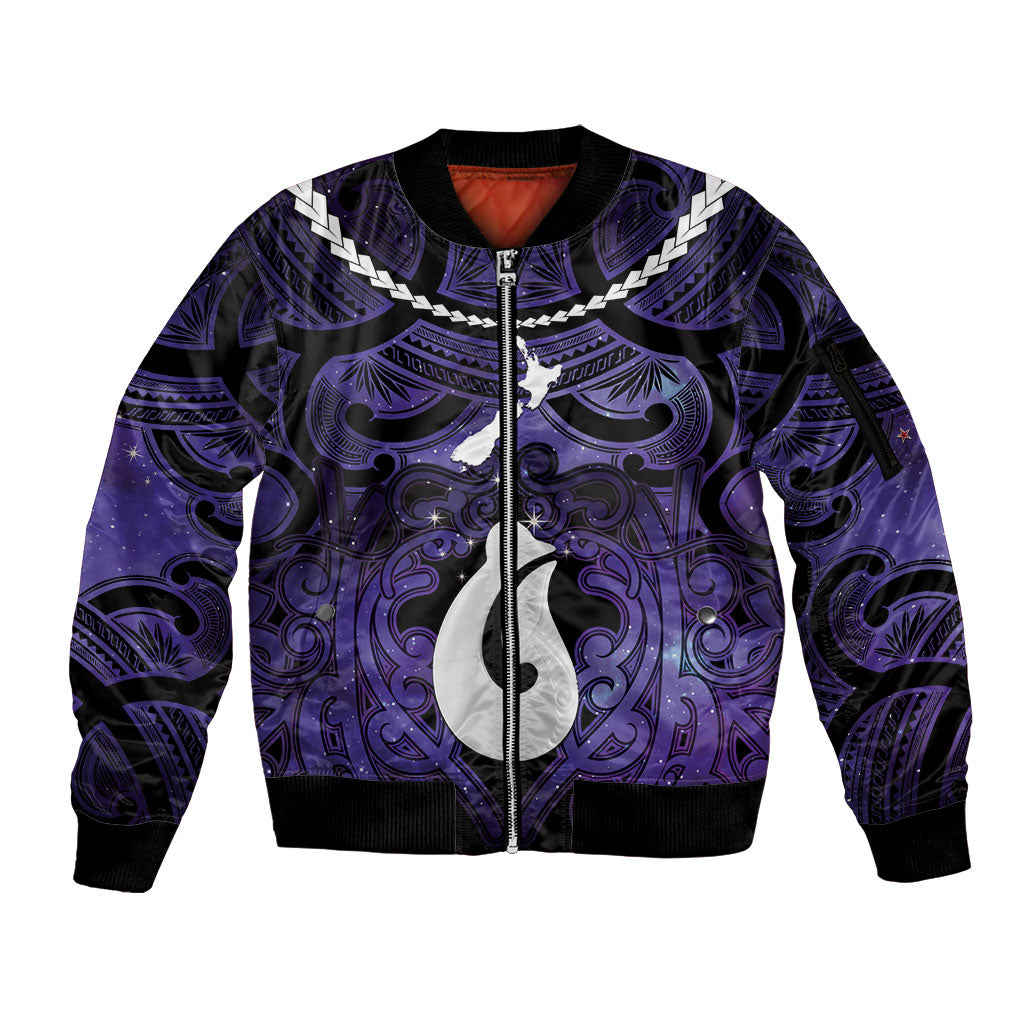 Personalised Maori Matariki Hei Matau Waiporoporo Sleeve Zip Bomber Jacket Maori Kowhaiwhai Pattern Galaxy LT01 Unisex Purple - Polynesian Pride