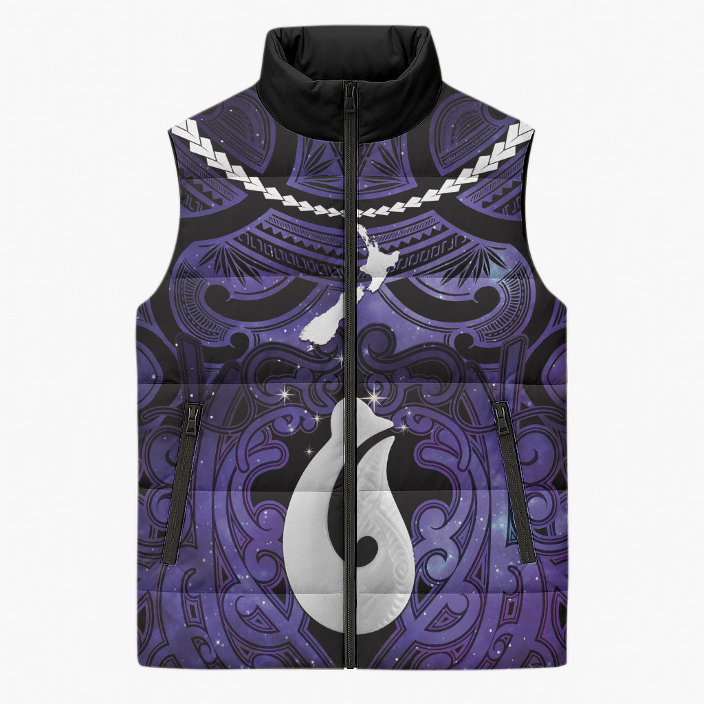 Personalised Maori Matariki Hei Matau Waiporoporo Sleeveless Puffer Jacket Maori Kowhaiwhai Pattern Galaxy LT01 Unisex Purple - Polynesian Pride