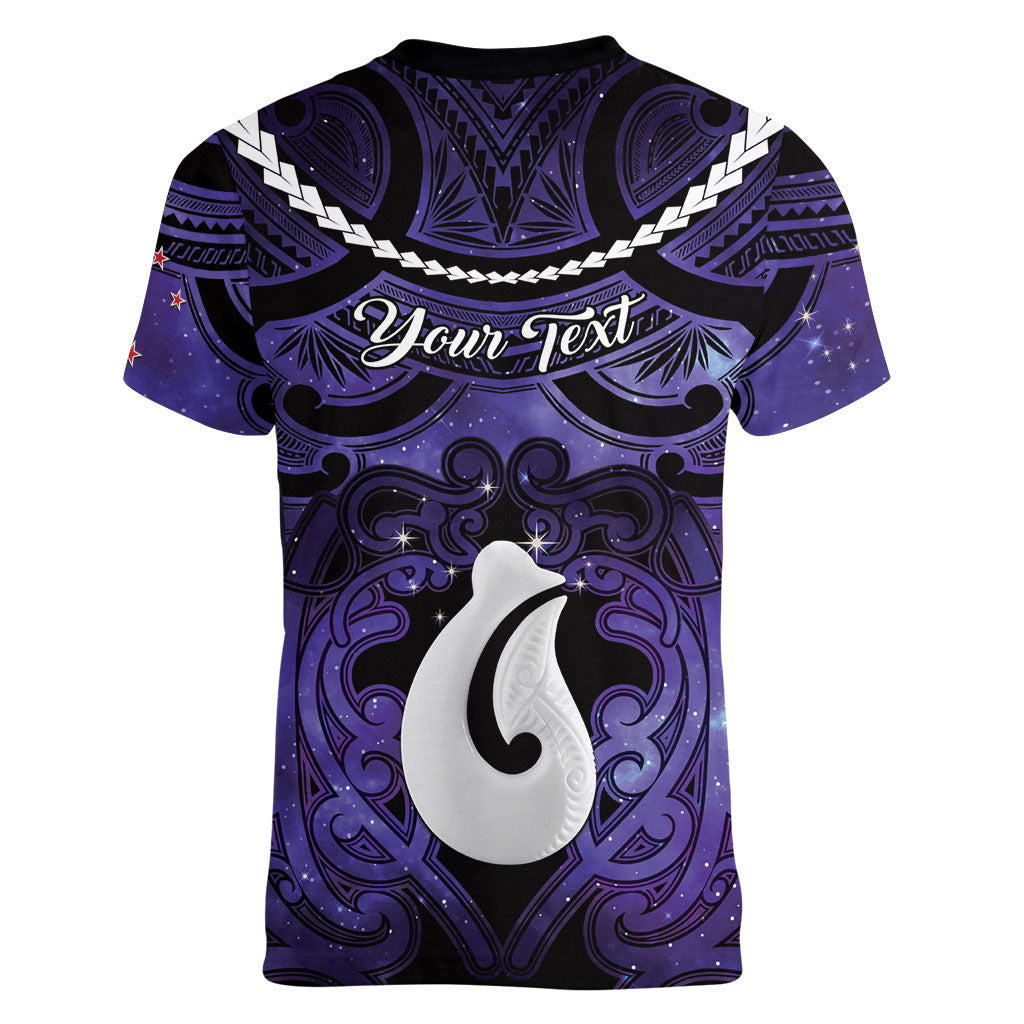 Personalised Maori Matariki Hei Matau Waiporoporo Women V-Neck T-Shirt Maori Kowhaiwhai Pattern Galaxy