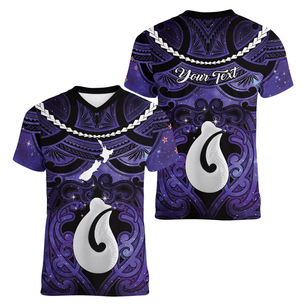 Personalised Maori Matariki Hei Matau Waiporoporo Women V-Neck T-Shirt Maori Kowhaiwhai Pattern Galaxy