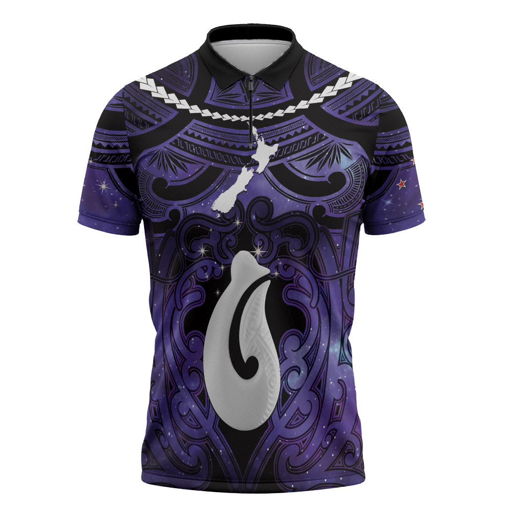 Personalised Maori Matariki Hei Matau Waiporoporo Zipper Polo Shirt Maori Kowhaiwhai Pattern Galaxy LT01 Purple - Polynesian Pride