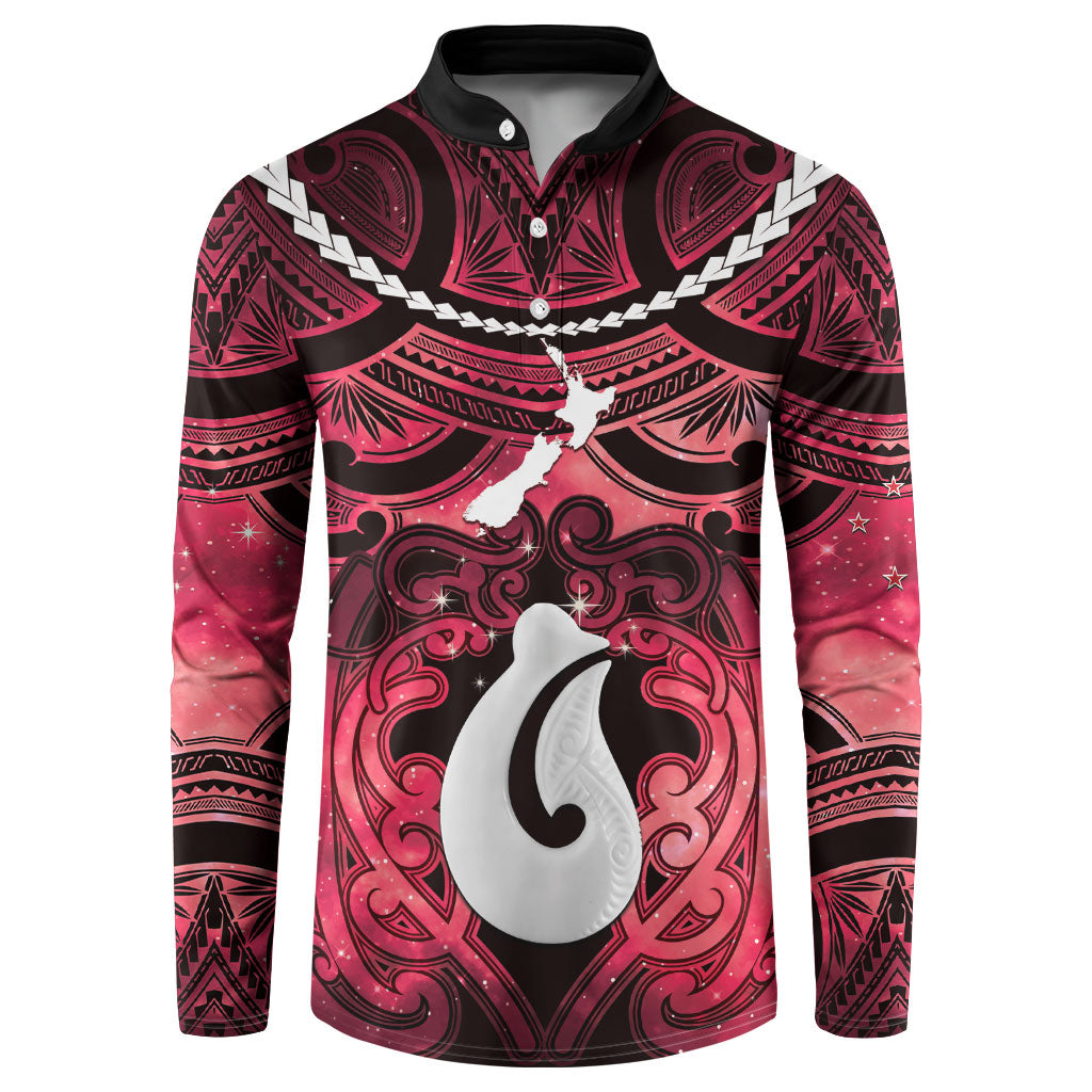 Personalised Maori Matariki Hei Matau Whero Button Sweatshirt Maori Kowhaiwhai Pattern Galaxy LT01 Red - Polynesian Pride
