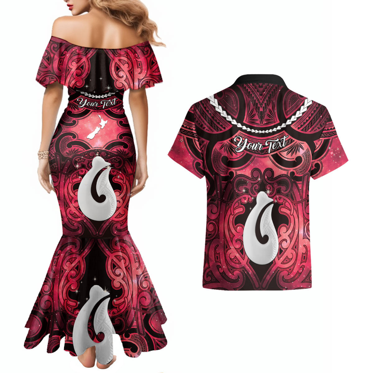 Personalised Maori Matariki Hei Matau Whero Couples Matching Mermaid Dress and Hawaiian Shirt Maori Kowhaiwhai Pattern Galaxy