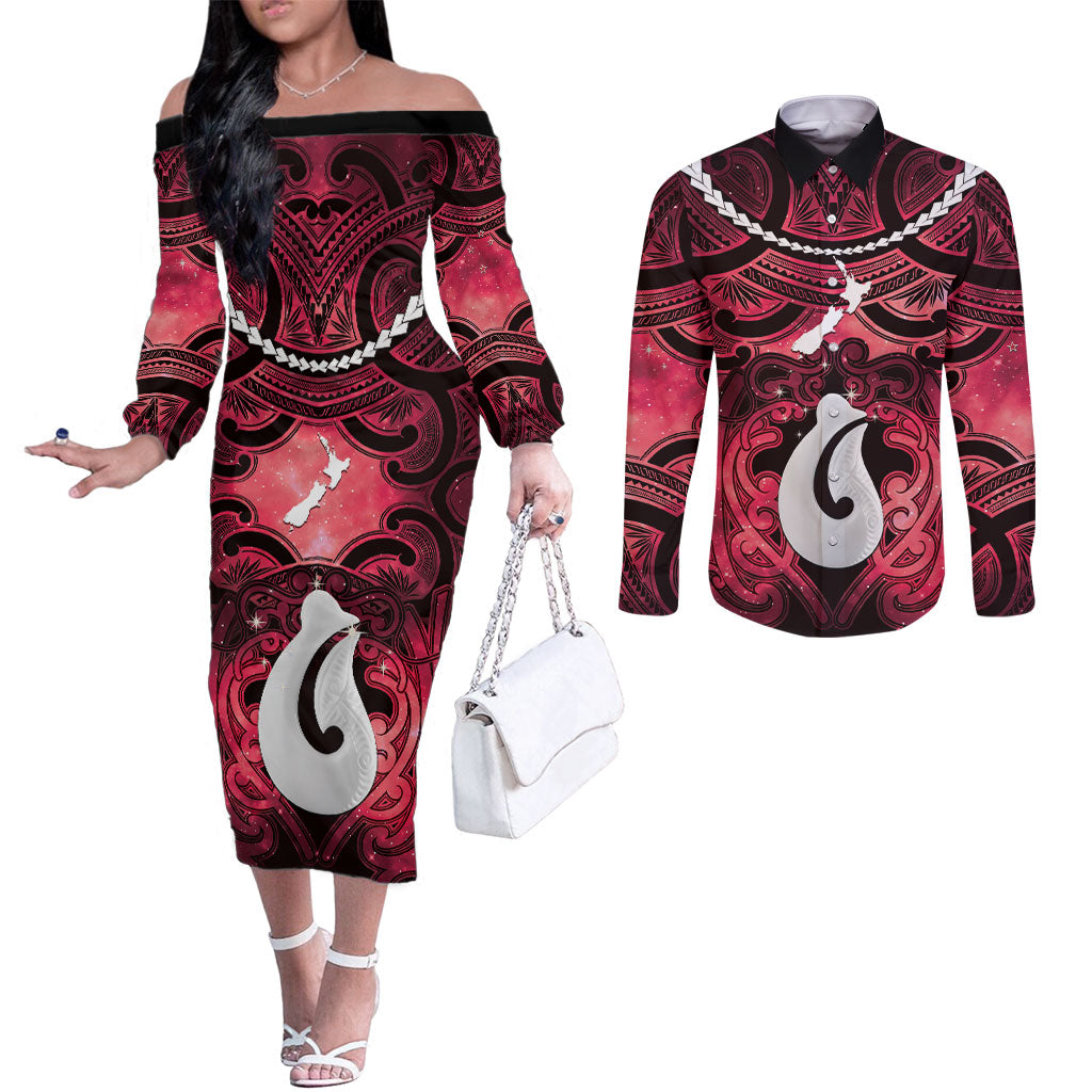 Personalised Maori Matariki Hei Matau Whero Couples Matching Off The Shoulder Long Sleeve Dress and Long Sleeve Button Shirt Maori Kowhaiwhai Pattern Galaxy