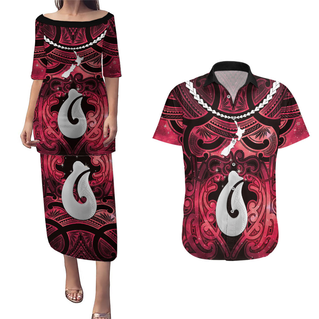 Personalised Maori Matariki Hei Matau Whero Couples Matching Puletasi and Hawaiian Shirt Maori Kowhaiwhai Pattern Galaxy LT01 Red - Polynesian Pride