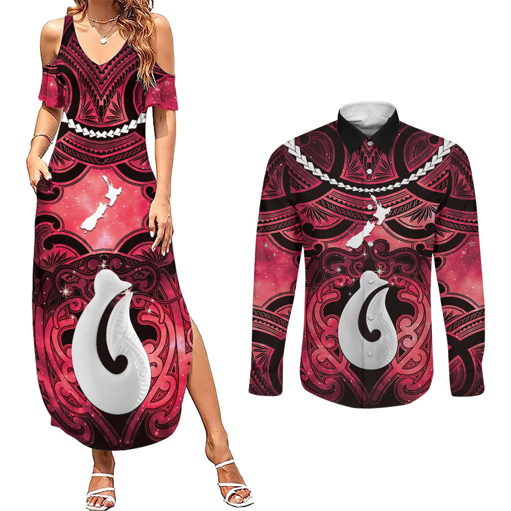 Personalised Maori Matariki Hei Matau Whero Couples Matching Summer Maxi Dress and Long Sleeve Button Shirt Maori Kowhaiwhai Pattern Galaxy LT01 Red - Polynesian Pride
