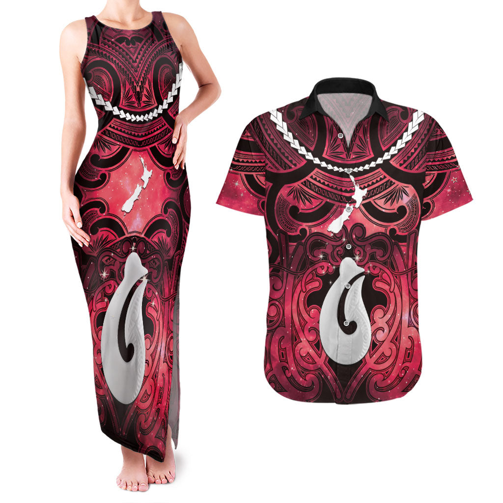 Personalised Maori Matariki Hei Matau Whero Couples Matching Tank Maxi Dress and Hawaiian Shirt Maori Kowhaiwhai Pattern Galaxy LT01 Red - Polynesian Pride