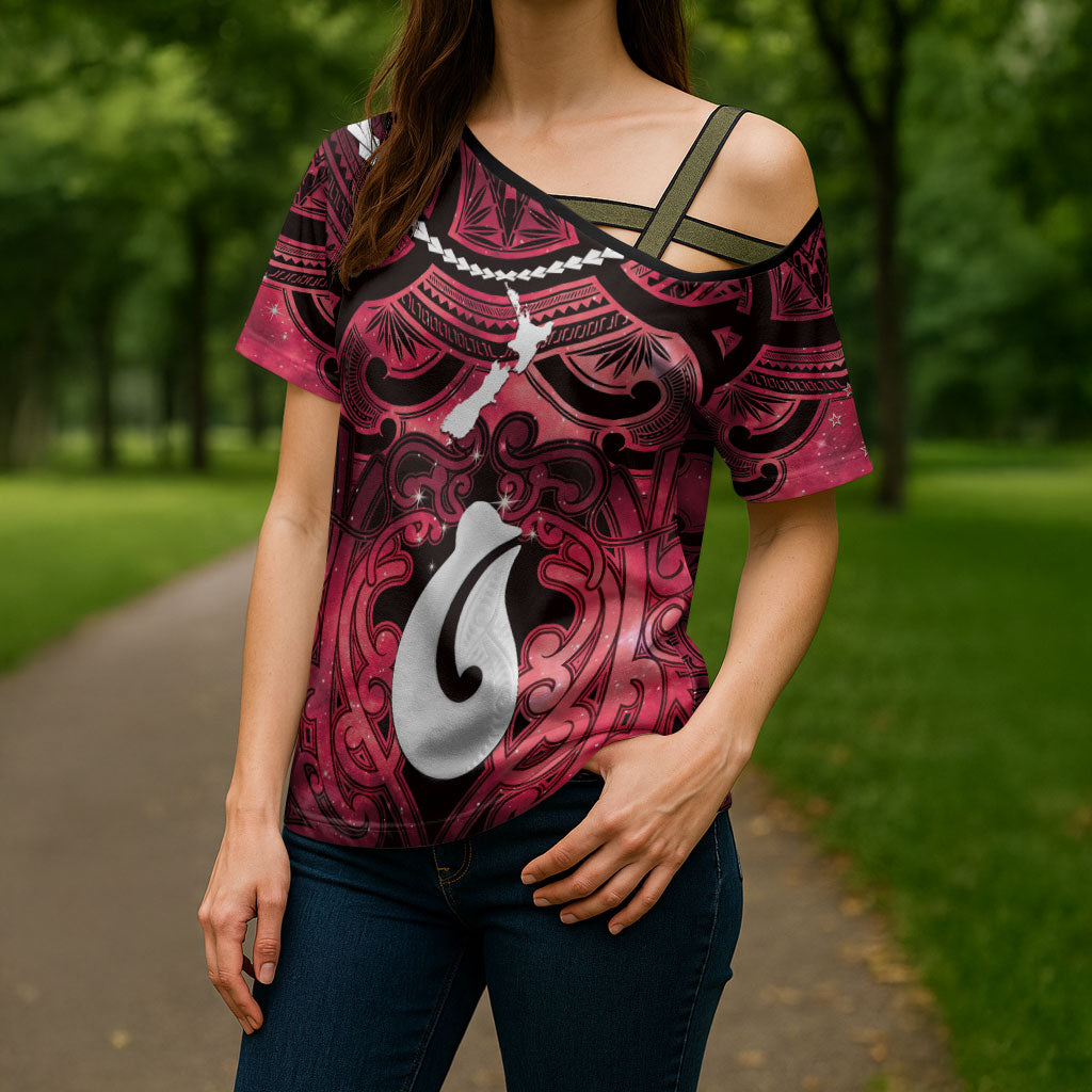 Personalised Maori Matariki Hei Matau Whero Cross Shoulder Shirt Maori Kowhaiwhai Pattern Galaxy LT01 - Polynesian Pride