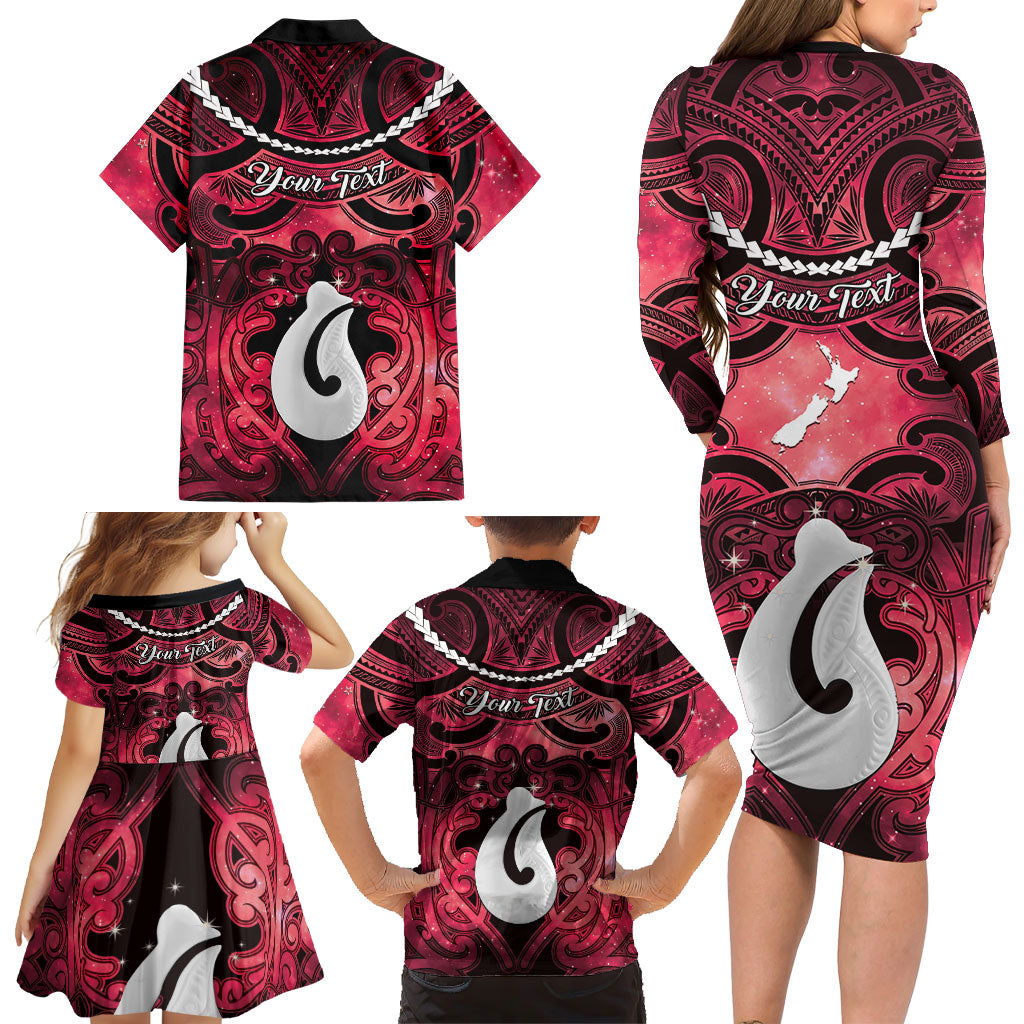 Personalised Maori Matariki Hei Matau Whero Family Matching Long Sleeve Bodycon Dress and Hawaiian Shirt Maori Kowhaiwhai Pattern Galaxy