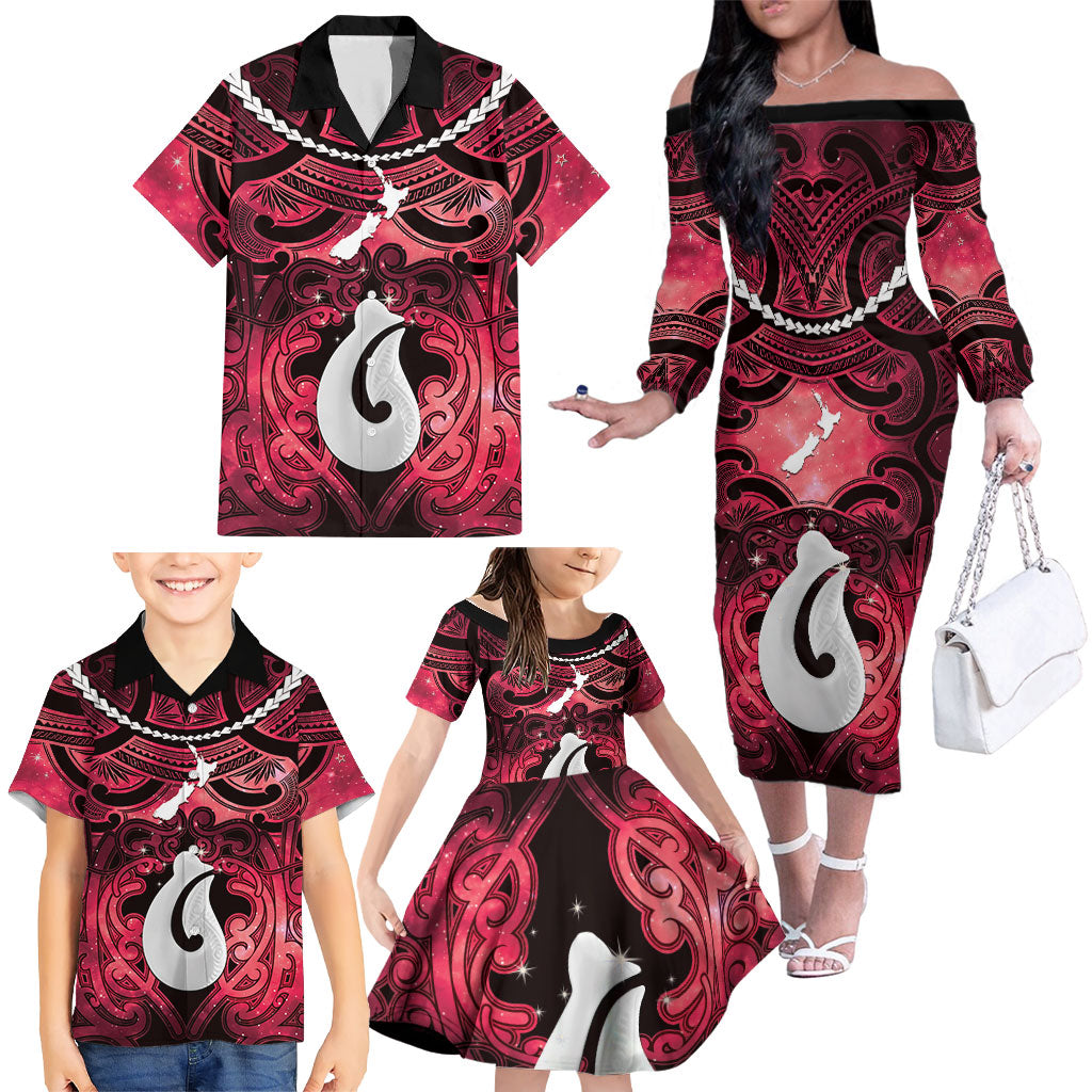 Personalised Maori Matariki Hei Matau Whero Family Matching Off The Shoulder Long Sleeve Dress and Hawaiian Shirt Maori Kowhaiwhai Pattern Galaxy LT01 - Polynesian Pride