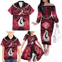 Personalised Maori Matariki Hei Matau Whero Family Matching Off The Shoulder Long Sleeve Dress and Hawaiian Shirt Maori Kowhaiwhai Pattern Galaxy