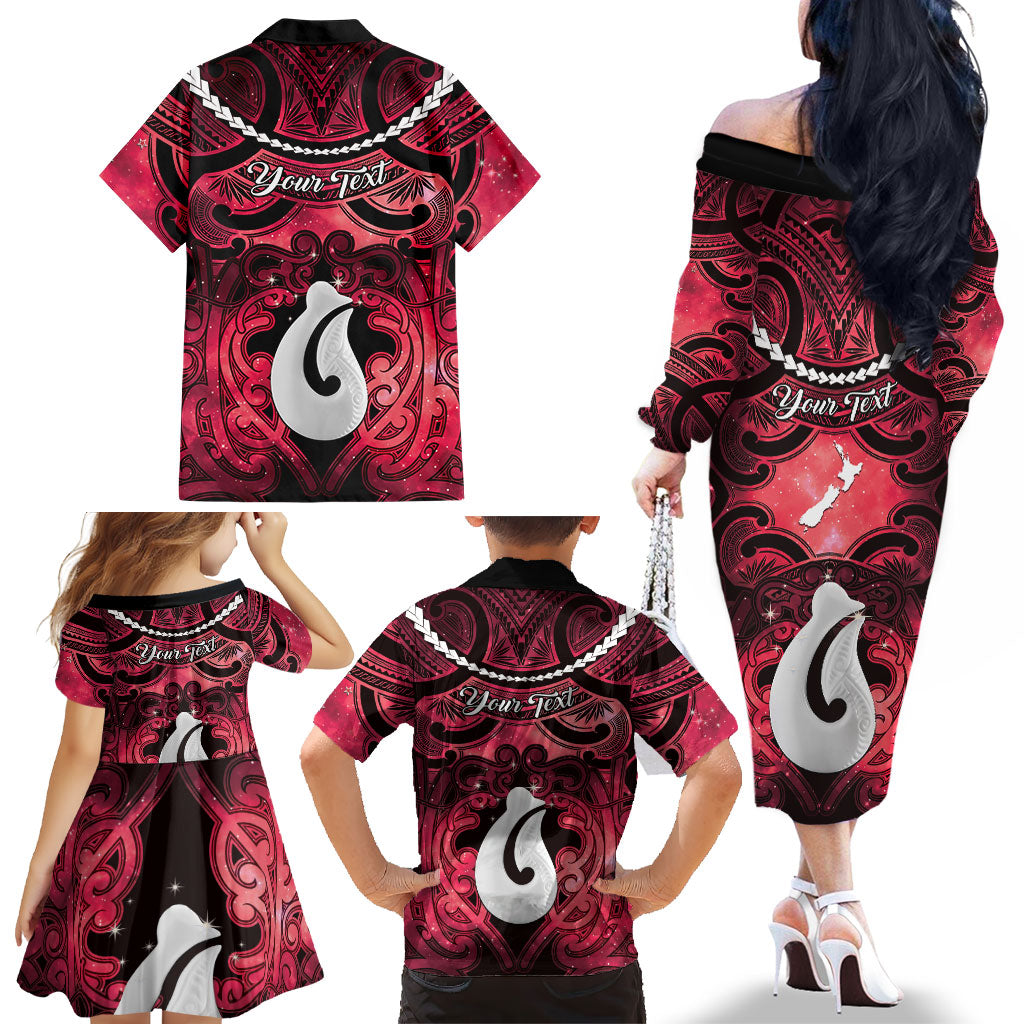 Personalised Maori Matariki Hei Matau Whero Family Matching Off The Shoulder Long Sleeve Dress and Hawaiian Shirt Maori Kowhaiwhai Pattern Galaxy