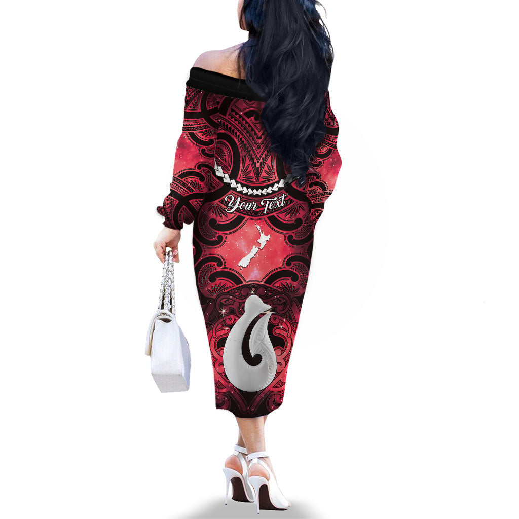 Personalised Maori Matariki Hei Matau Whero Family Matching Off The Shoulder Long Sleeve Dress and Hawaiian Shirt Maori Kowhaiwhai Pattern Galaxy