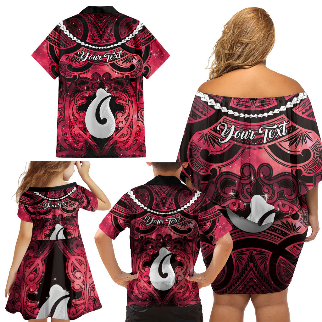 Personalised Maori Matariki Hei Matau Whero Family Matching Off Shoulder Short Dress and Hawaiian Shirt Maori Kowhaiwhai Pattern Galaxy