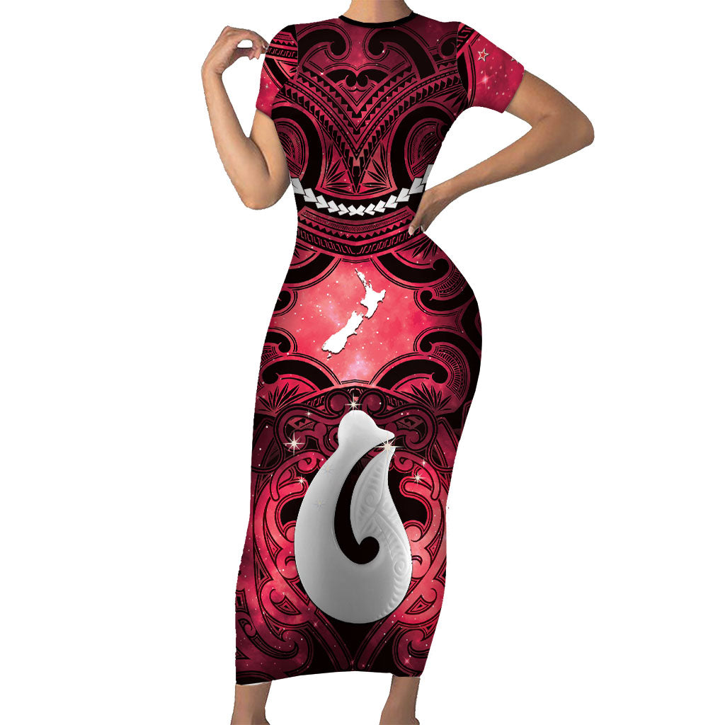 Personalised Maori Matariki Hei Matau Whero Family Matching Short Sleeve Bodycon Dress and Hawaiian Shirt Maori Kowhaiwhai Pattern Galaxy