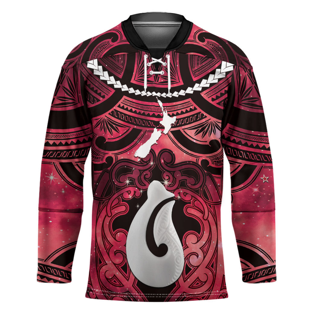 Personalised Maori Matariki Hei Matau Whero Hockey Jersey Maori Kowhaiwhai Pattern Galaxy LT01 Unisex Red - Polynesian Pride