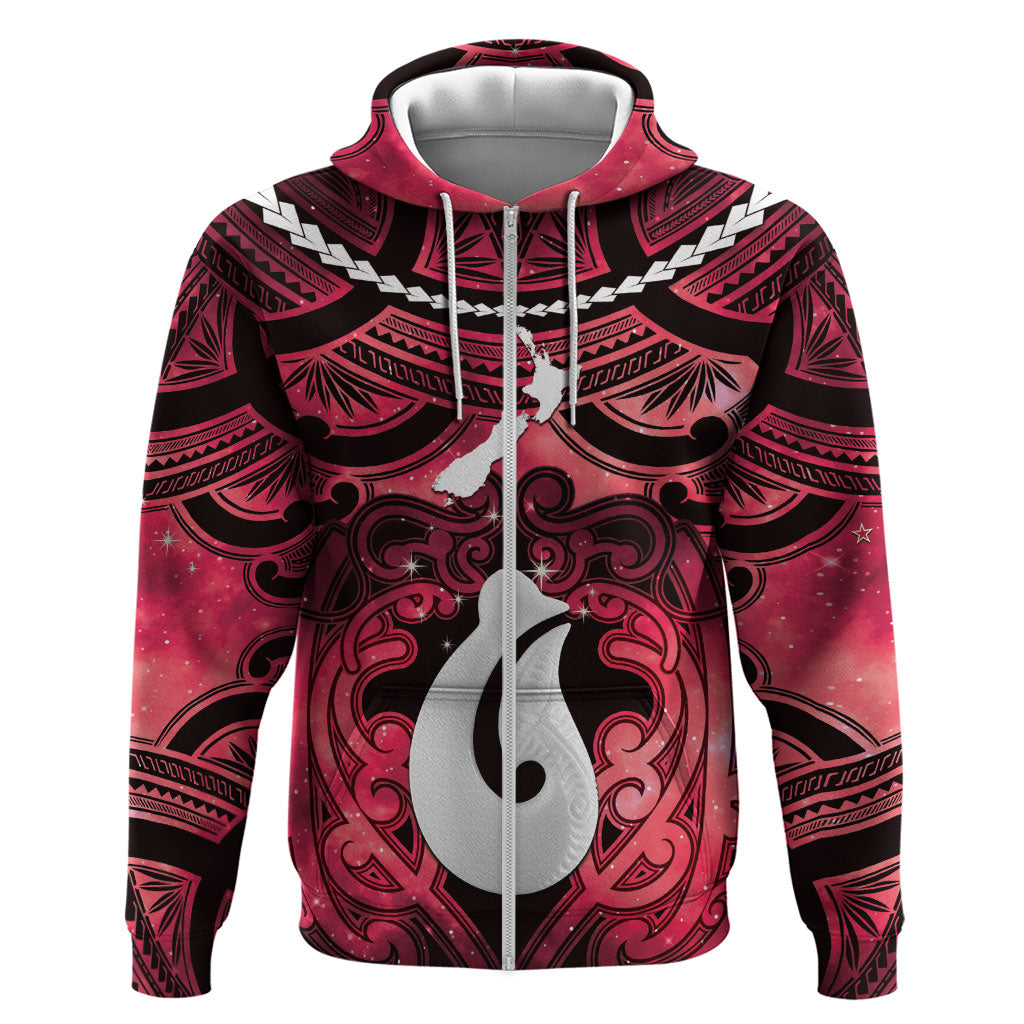 Personalised Maori Matariki Hei Matau Whero Hoodie Maori Kowhaiwhai Pattern Galaxy LT01 Zip Hoodie Red - Polynesian Pride
