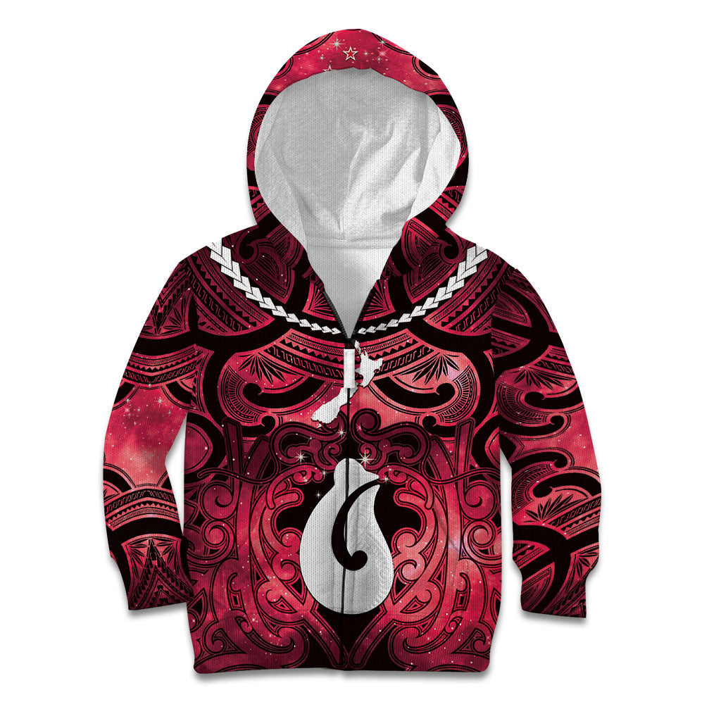 Personalised Maori Matariki Hei Matau Whero Kid Hoodie Maori Kowhaiwhai Pattern Galaxy LT01 Zip Hoodie Red - Polynesian Pride