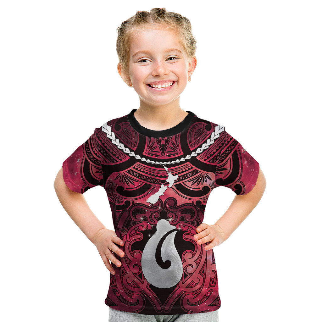 Personalised Maori Matariki Hei Matau Whero Kid T Shirt Maori Kowhaiwhai Pattern Galaxy LT01 Red - Polynesian Pride