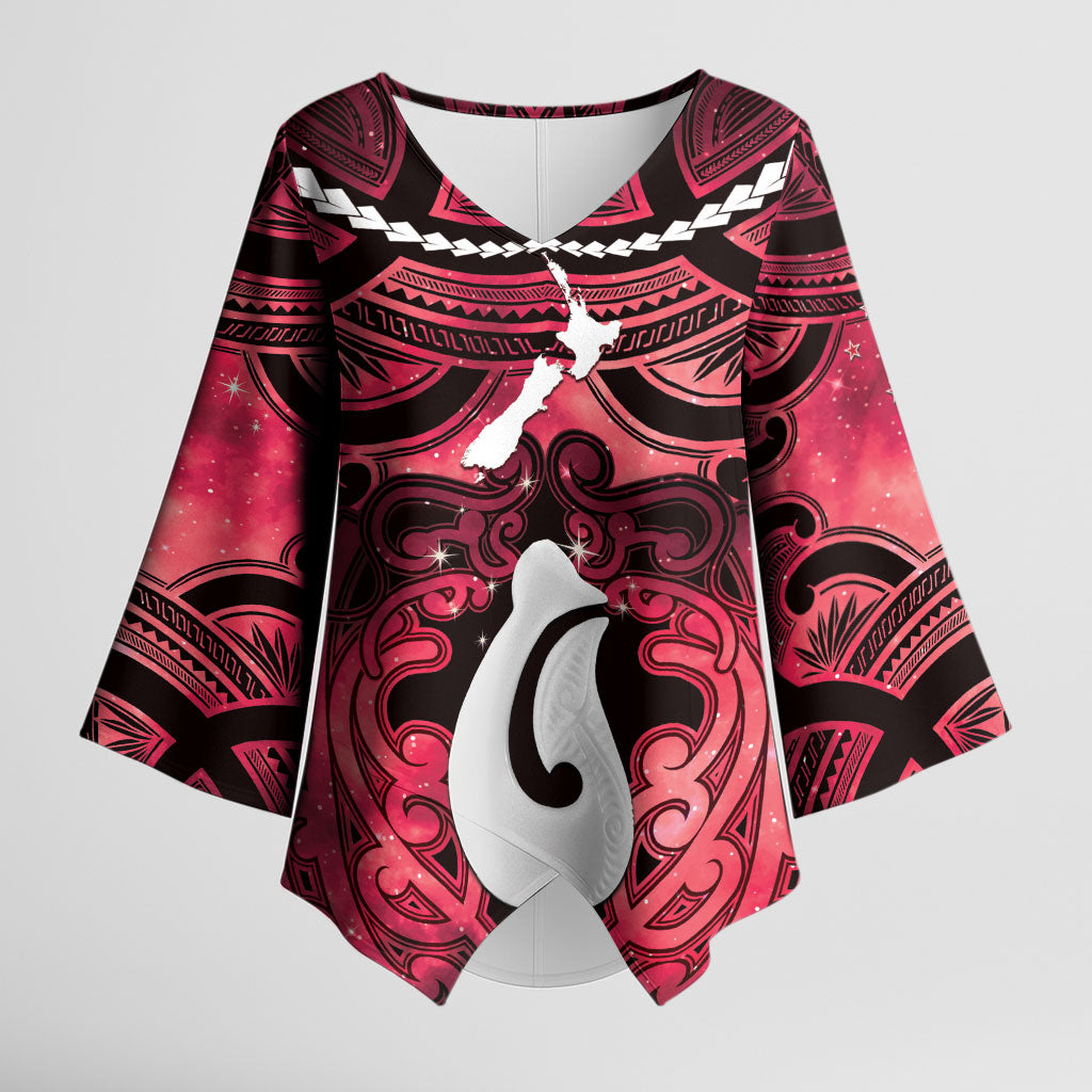 Personalised Maori Matariki Hei Matau Whero Kimono Sleeve Blouse Maori Kowhaiwhai Pattern Galaxy LT01 Female Red - Polynesian Pride