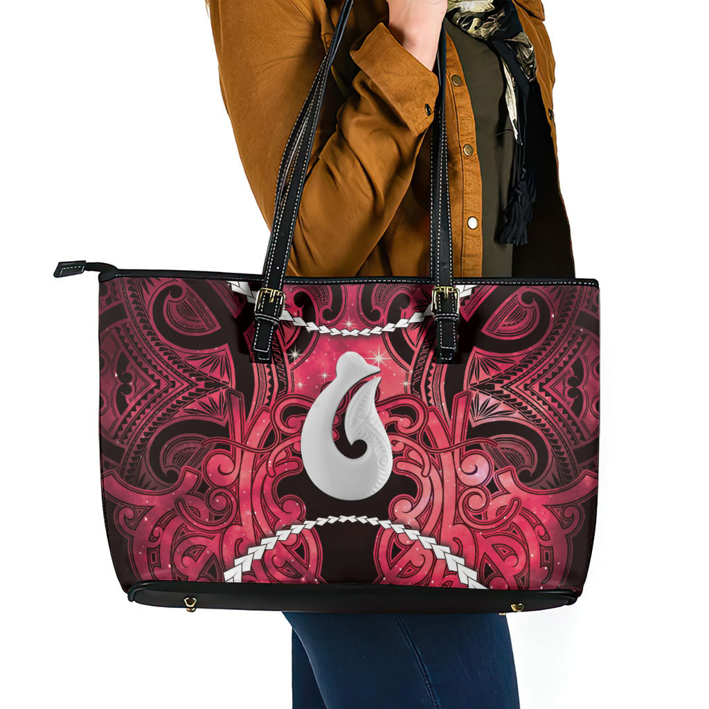 Maori Matariki Hei Matau Whero Leather Tote Bag Maori Kowhaiwhai Pattern Galaxy LT01 - Polynesian Pride