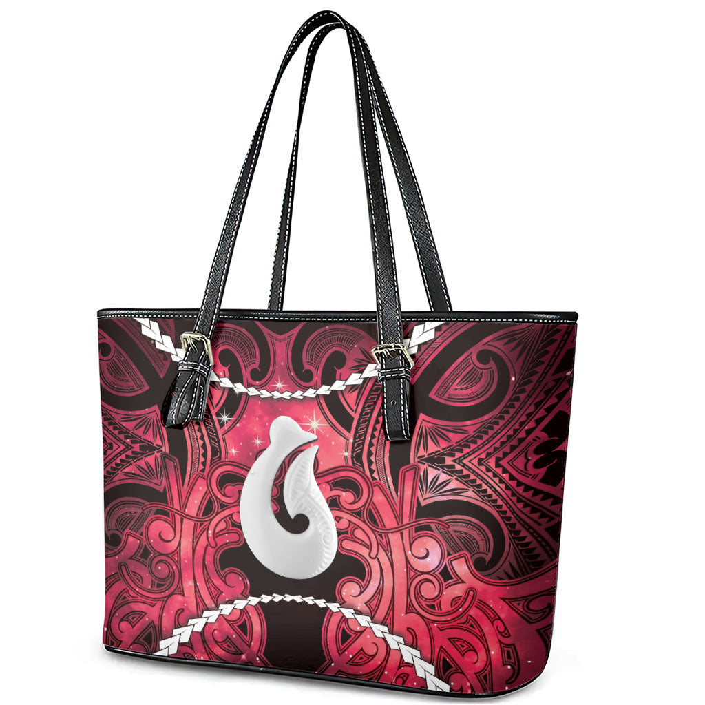 Maori Matariki Hei Matau Whero Leather Tote Bag Maori Kowhaiwhai Pattern Galaxy LT01 - Polynesian Pride